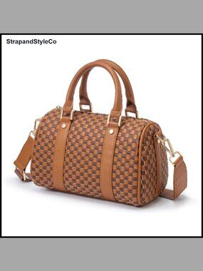 Checkered Woven Vegan Leather Crossbody Satchel with Adjustable Strap